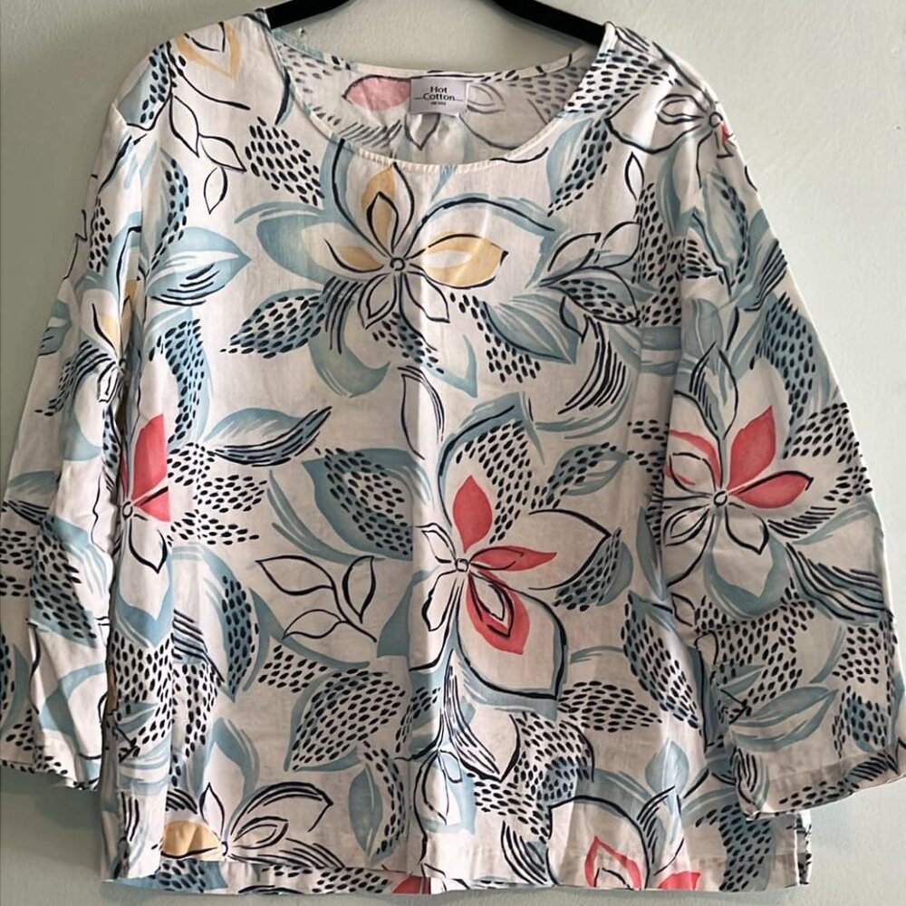 HOT COTTON Pullover Tunic Floral Linen 3/4 Sleeve‎ Lagenlook Boho Resort